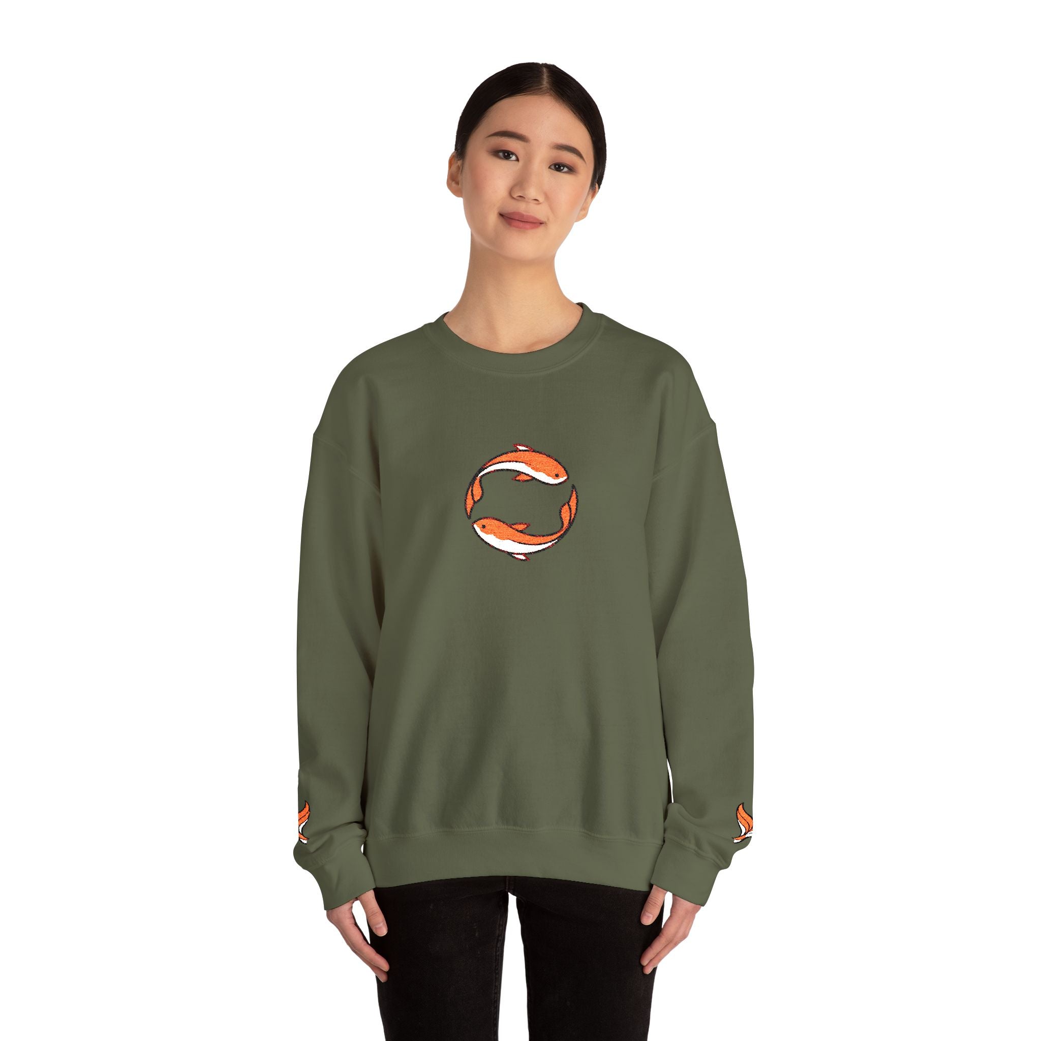 Koi Fish Circle Crewneck Sweatshirt | Japanese Koi Art, Minimal Sleeve Motif