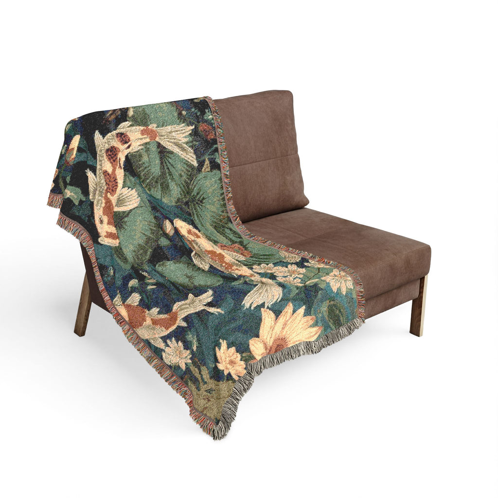 Artistic Woven Blanket for Cozy Decor, Koi Fish Throw, Elegant Home Decor, Gift for Nature Lovers, Eco-Friendly Blanket