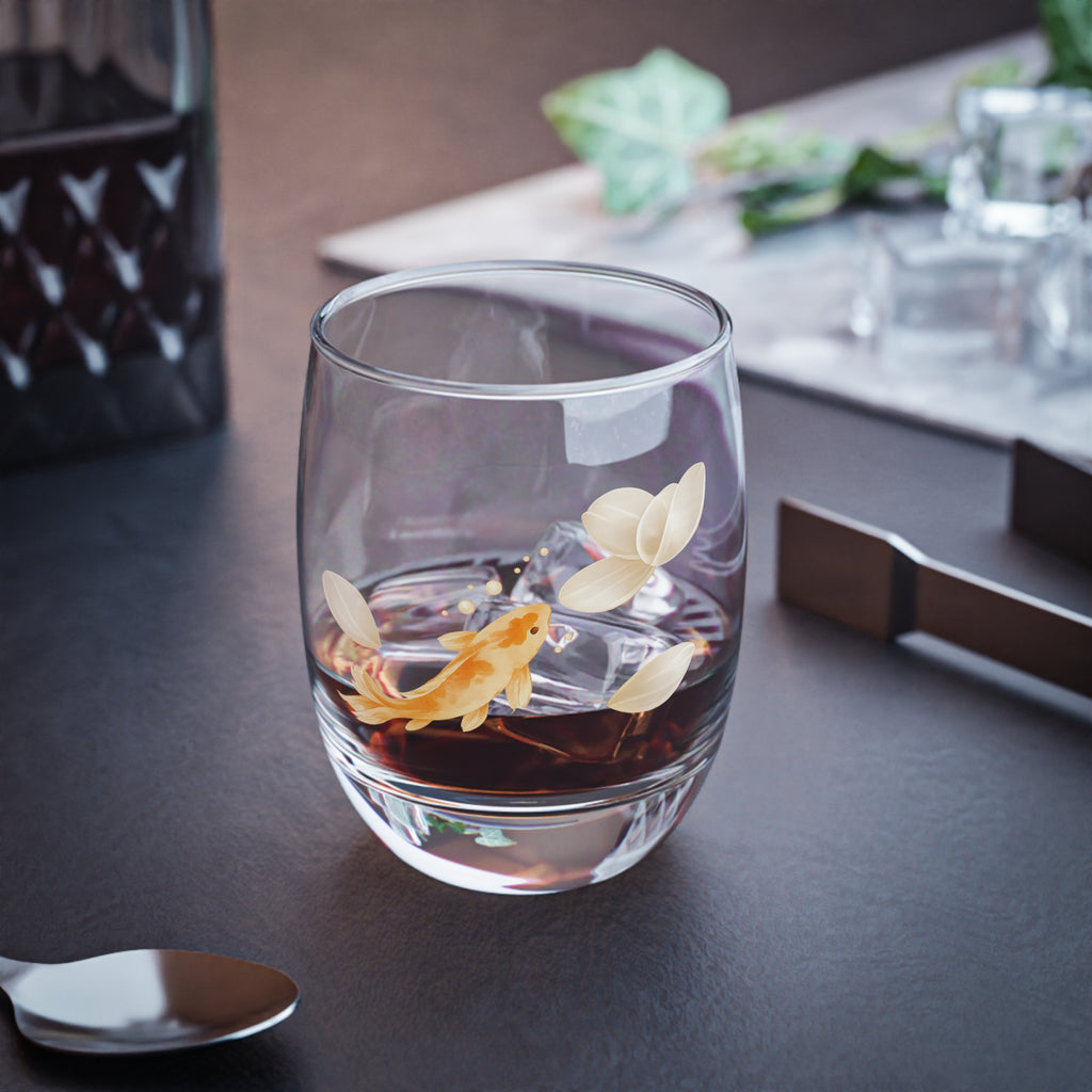 Gold Koi Fish Whiskey Glass | Minimal Watercolor Fish, Leaf Accent