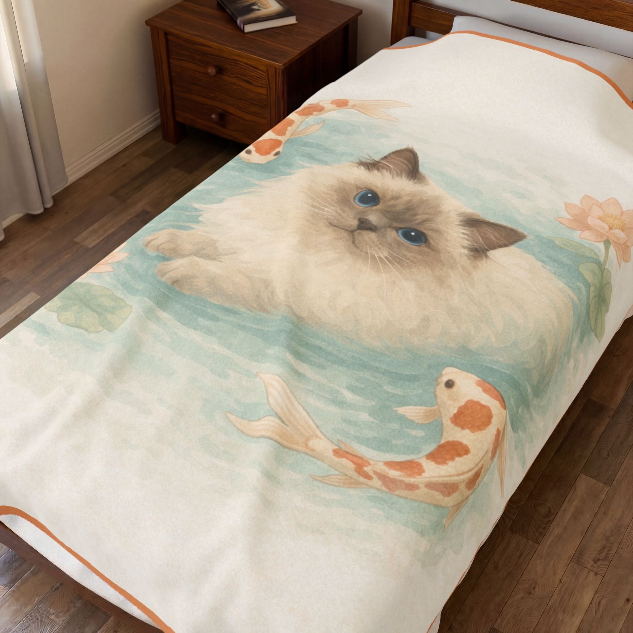 Ragdoll Cat with Koi Pond Velveteen Plush Blanket