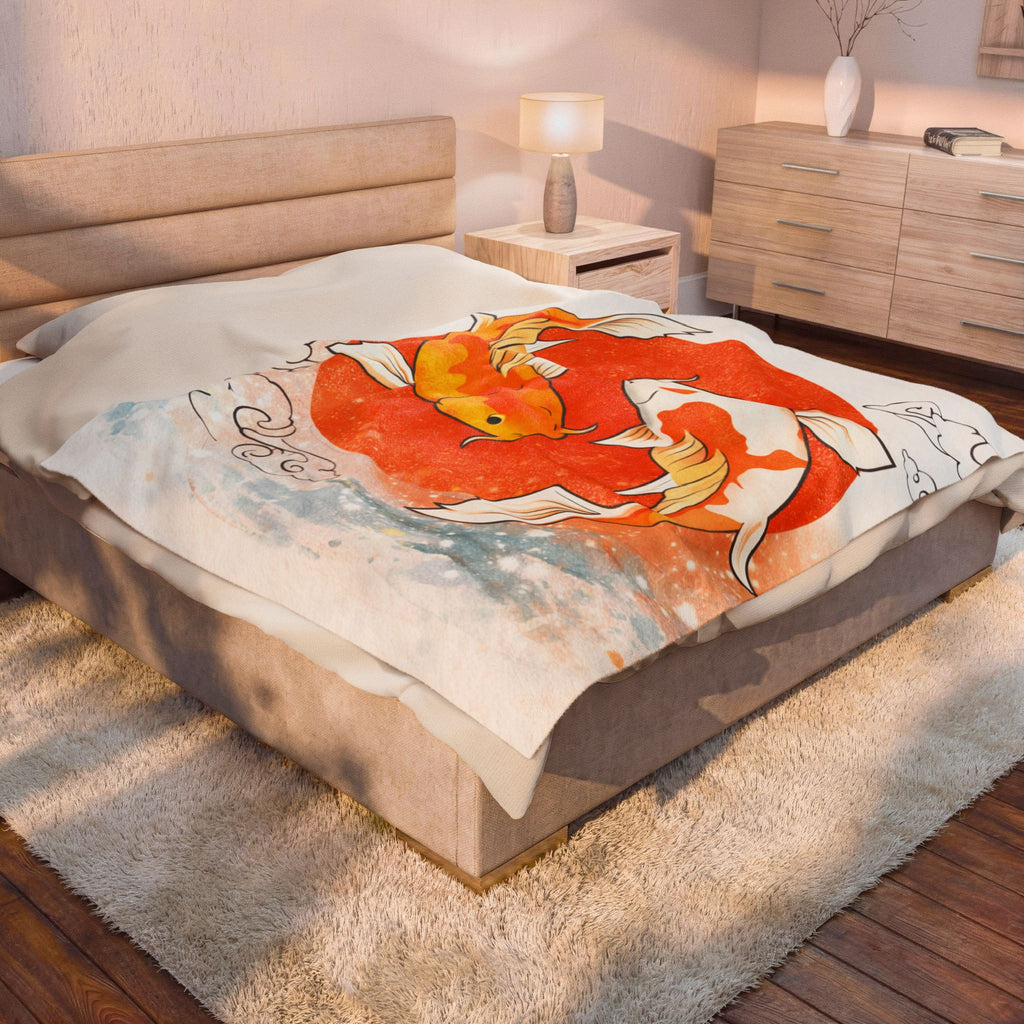 Koi Fish Yin Yang Velveteen Plush Blanket | Orange Red Circle, Japanese Wave Art