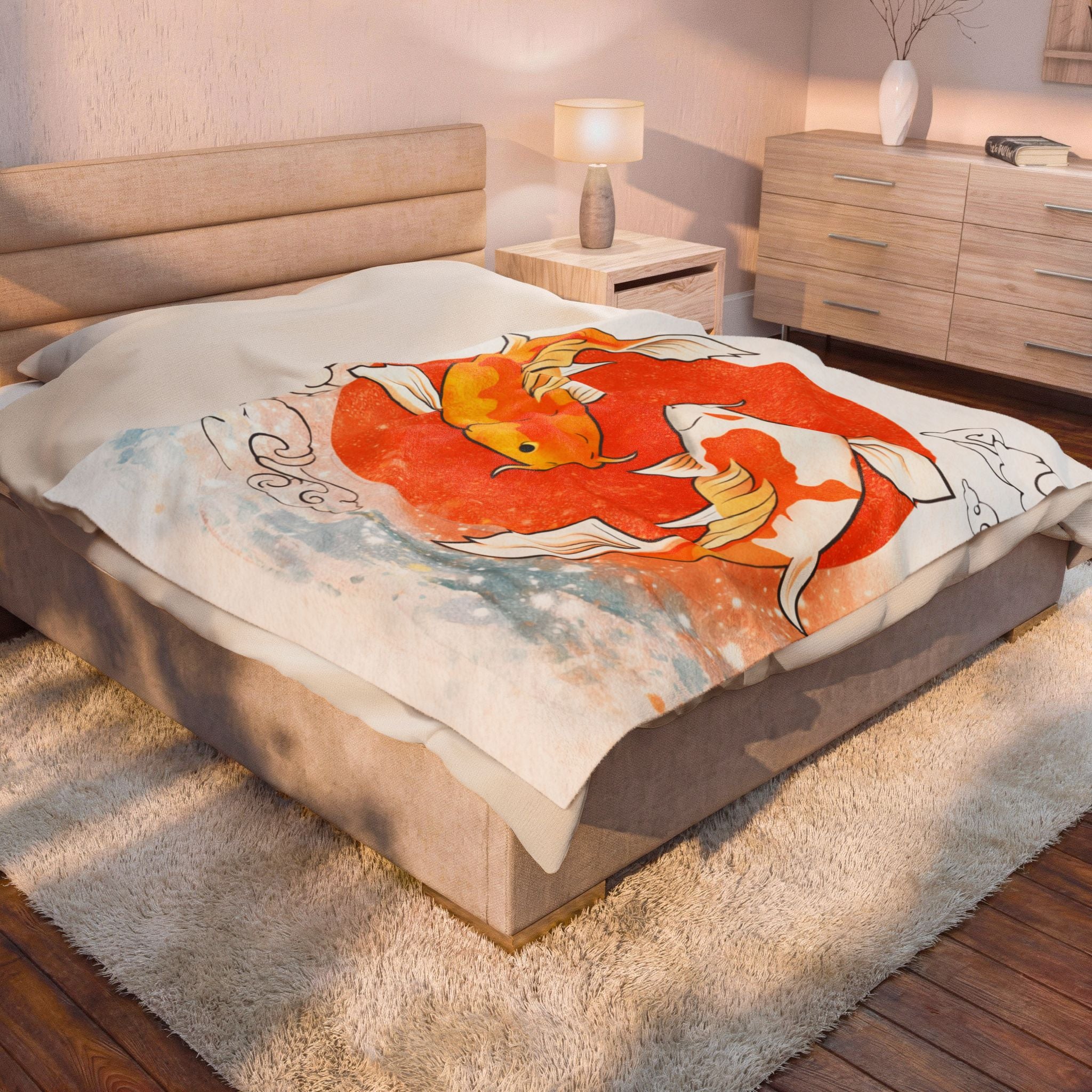 Koi Fish Yin Yang Velveteen Plush Blanket | Orange Red Circle, Japanese Wave Art