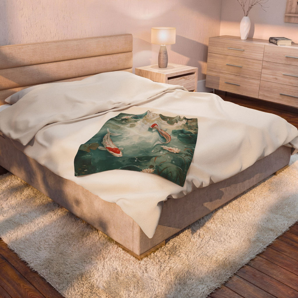 Koi Pond Velveteen Plush Blanket — Tranquil Waterlily Design