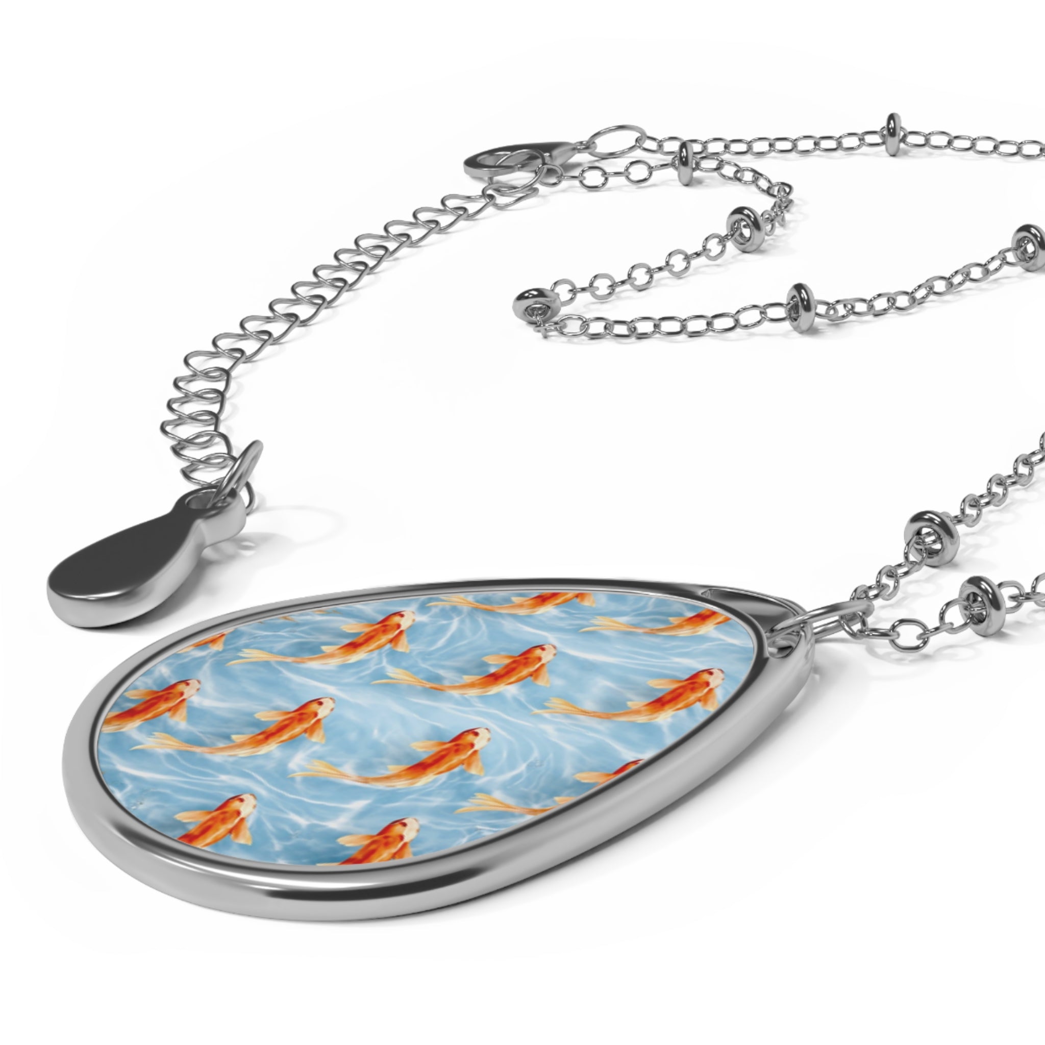 Koi Fish Pattern Oval Necklace | Teardrop Pendant, Silver Chain