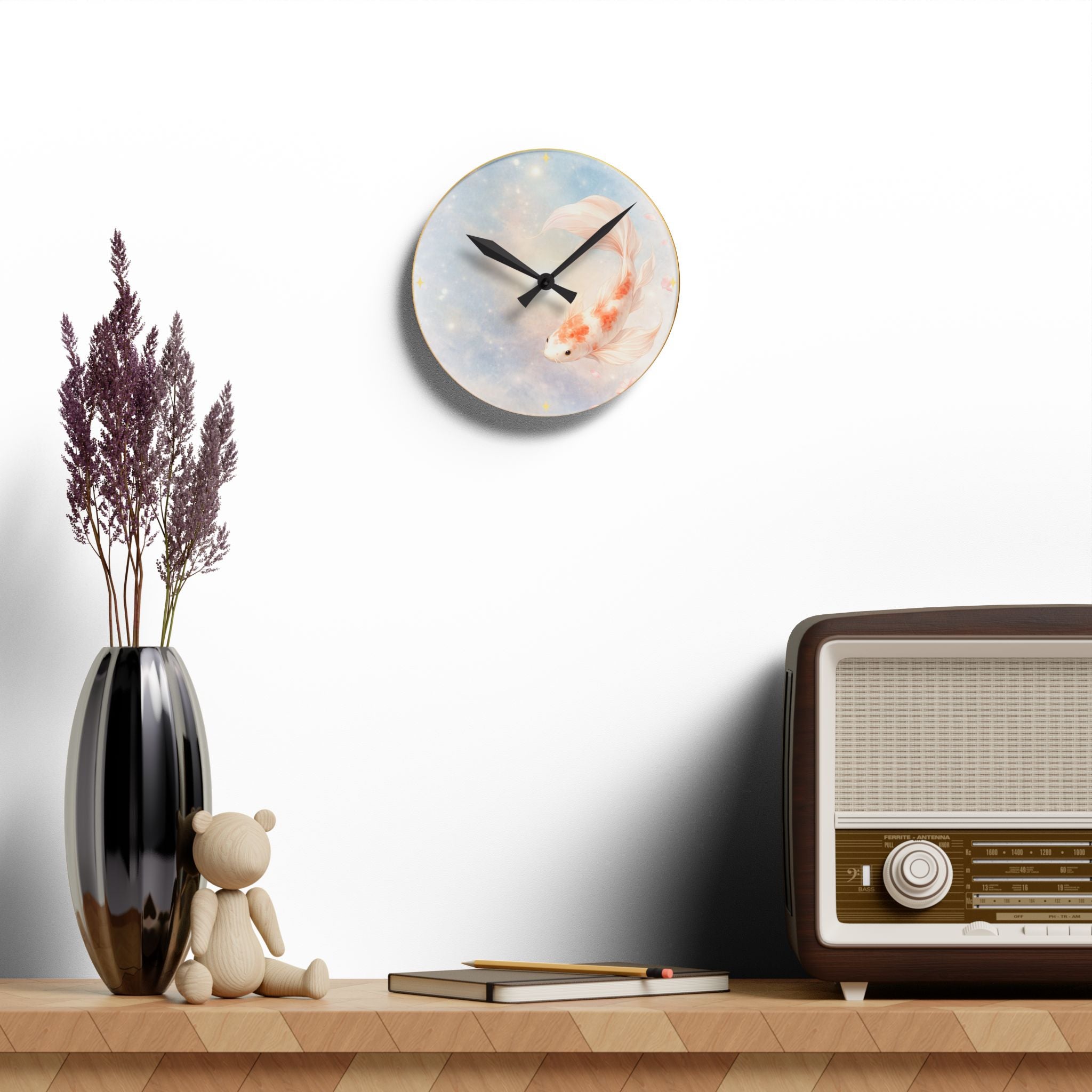 Koi Fish Watercolor Acrylic Wall Clock | Pastel Dreamy Decor