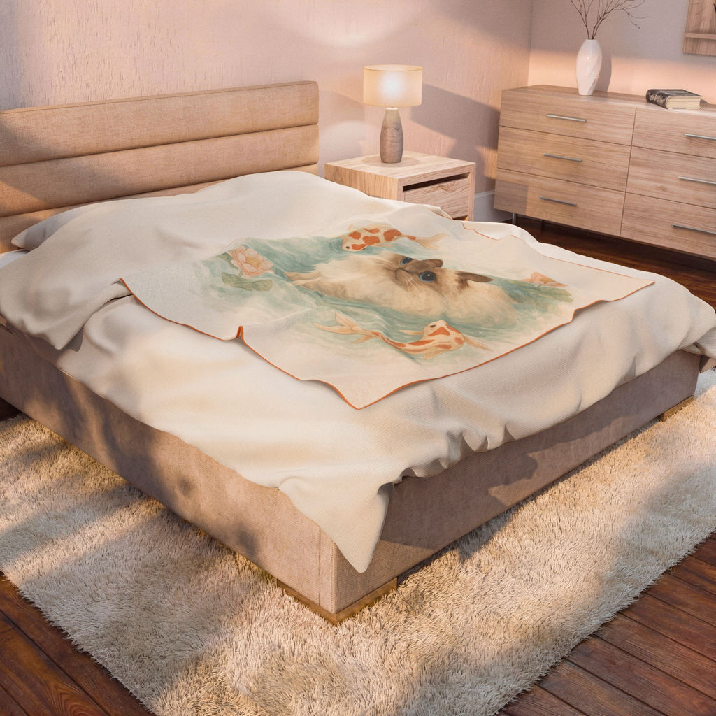 Ragdoll Cat with Koi Pond Velveteen Plush Blanket