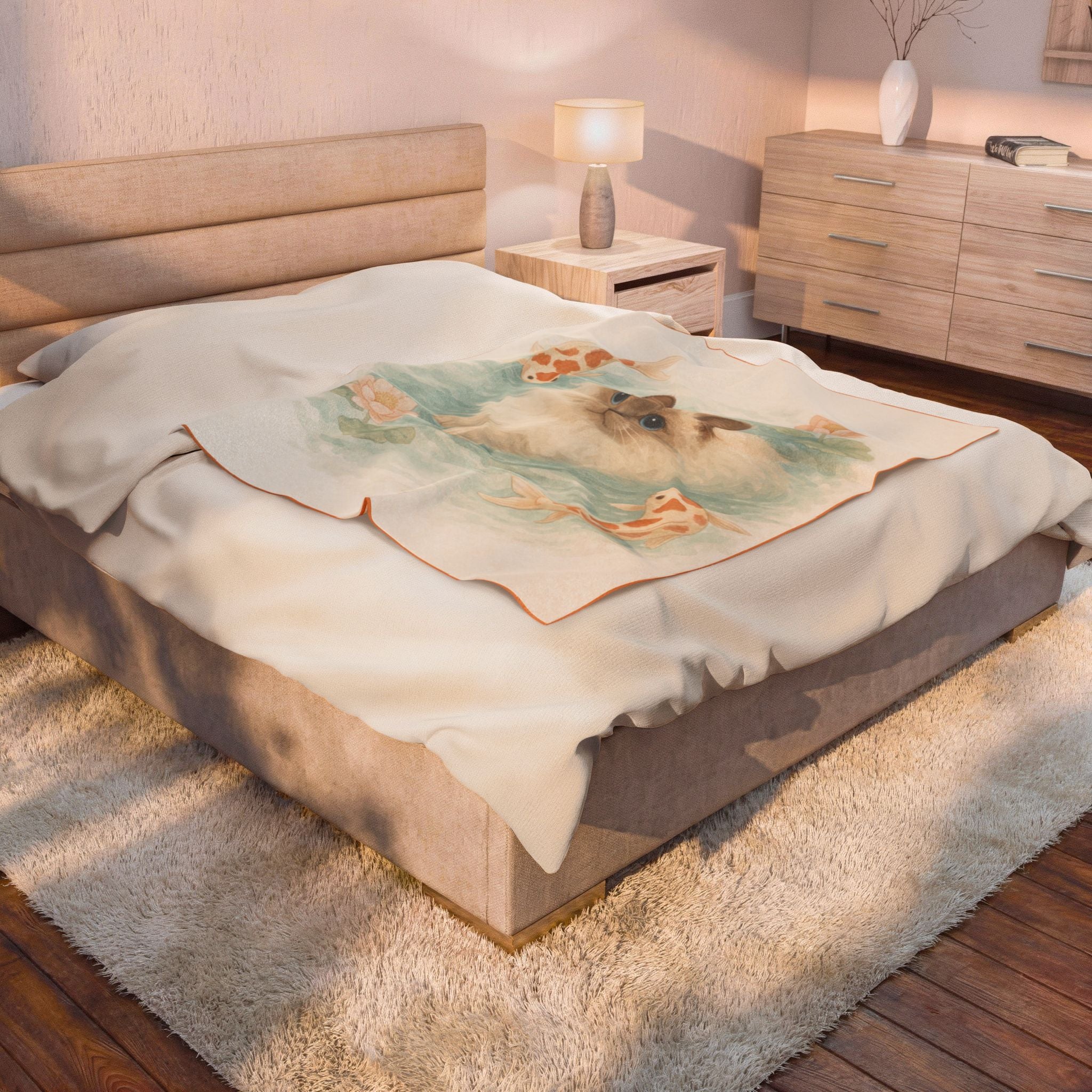 Ragdoll Cat with Koi Pond Velveteen Plush Blanket