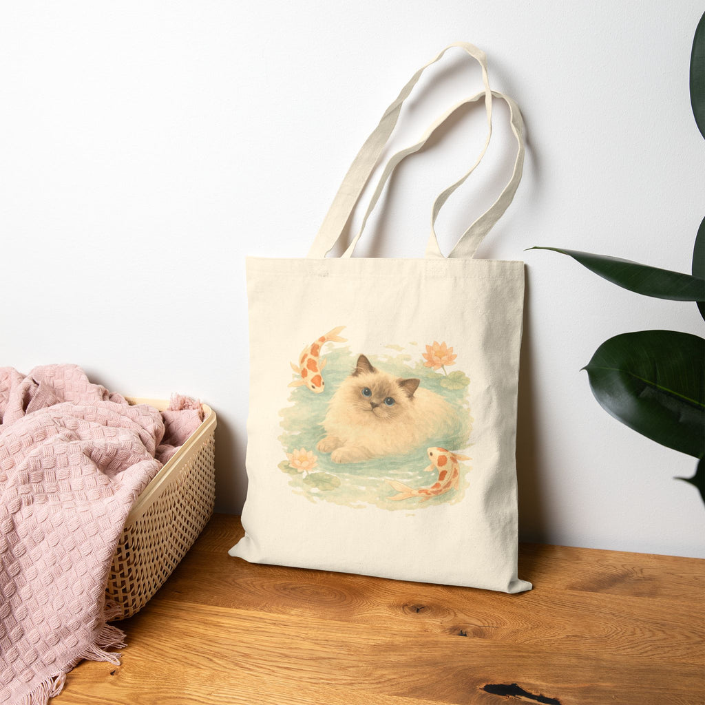 Ragdoll Cat with Koi Tote Bag | Cute Watercolor Cat Illustration