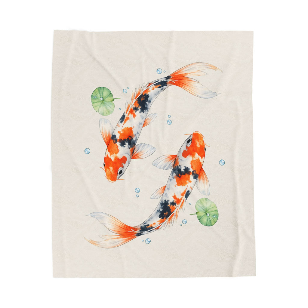 Koi Fish Illustration Velveteen Plush Blanket | Koi Pond Watercolor Throw