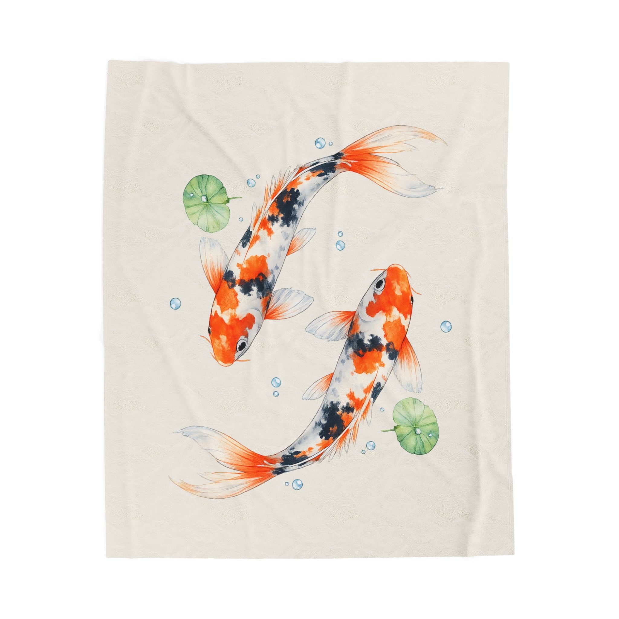 Koi Fish Illustration Velveteen Plush Blanket | Koi Pond Watercolor Throw