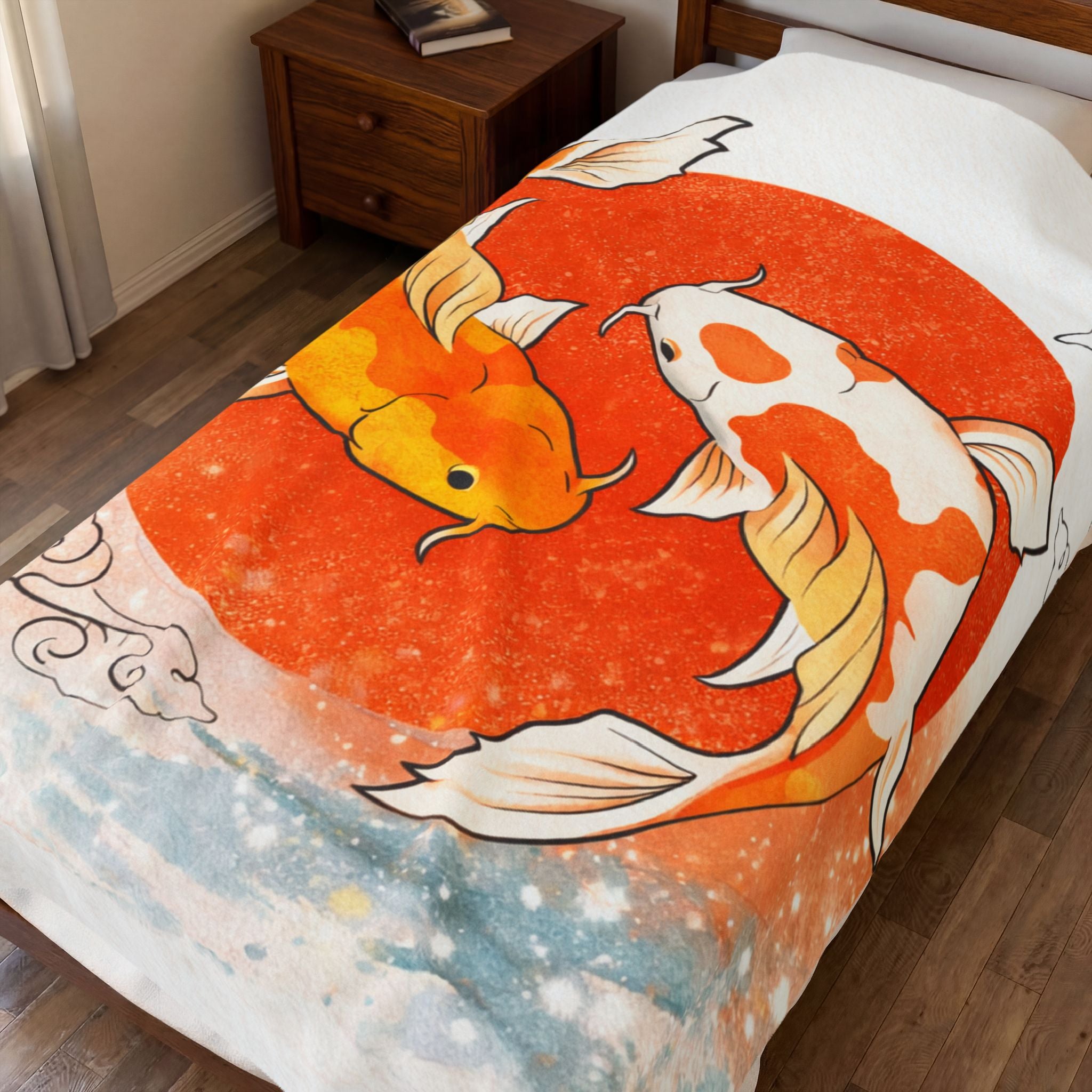 Koi Fish Yin Yang Velveteen Plush Blanket | Orange Red Circle, Japanese Wave Art