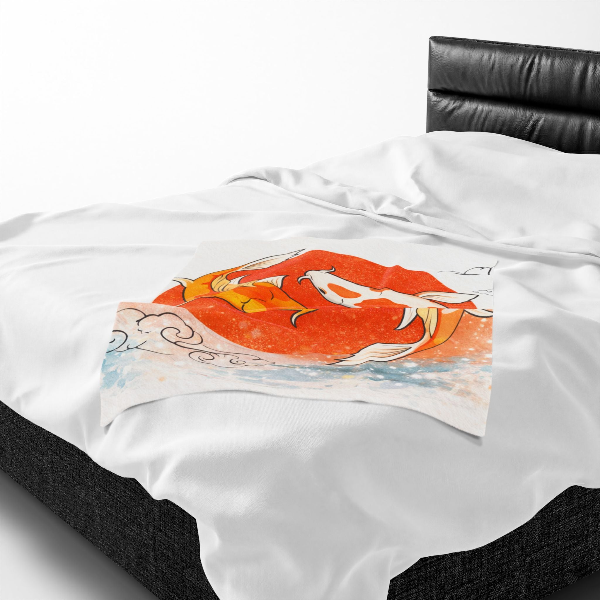 Koi Fish Yin Yang Velveteen Plush Blanket | Orange Red Circle, Japanese Wave Art