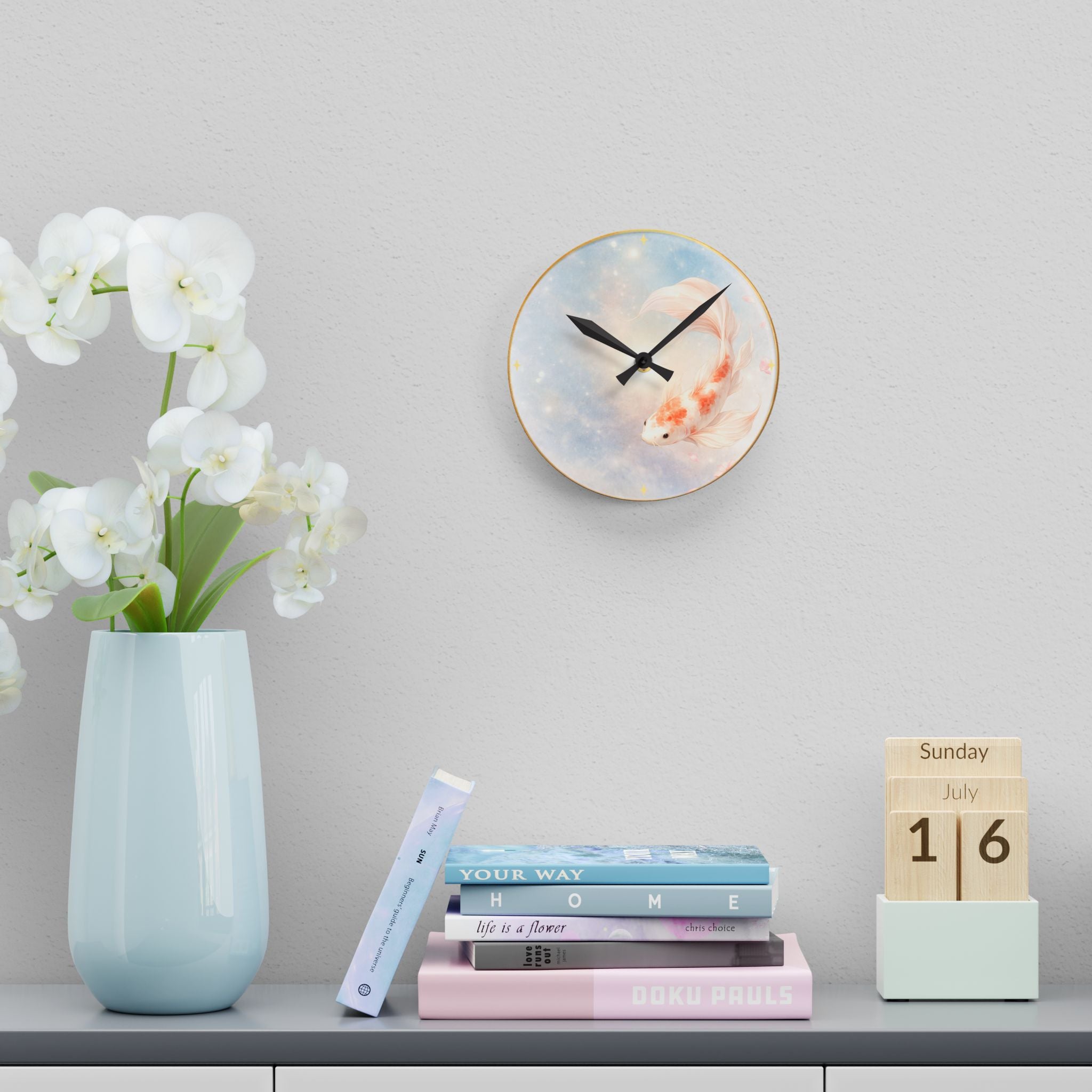 Koi Fish Watercolor Acrylic Wall Clock | Pastel Dreamy Decor