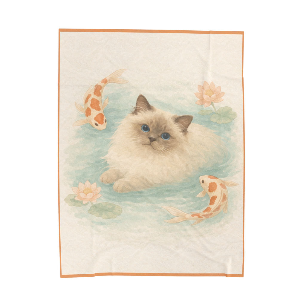 Ragdoll Cat with Koi Pond Velveteen Plush Blanket
