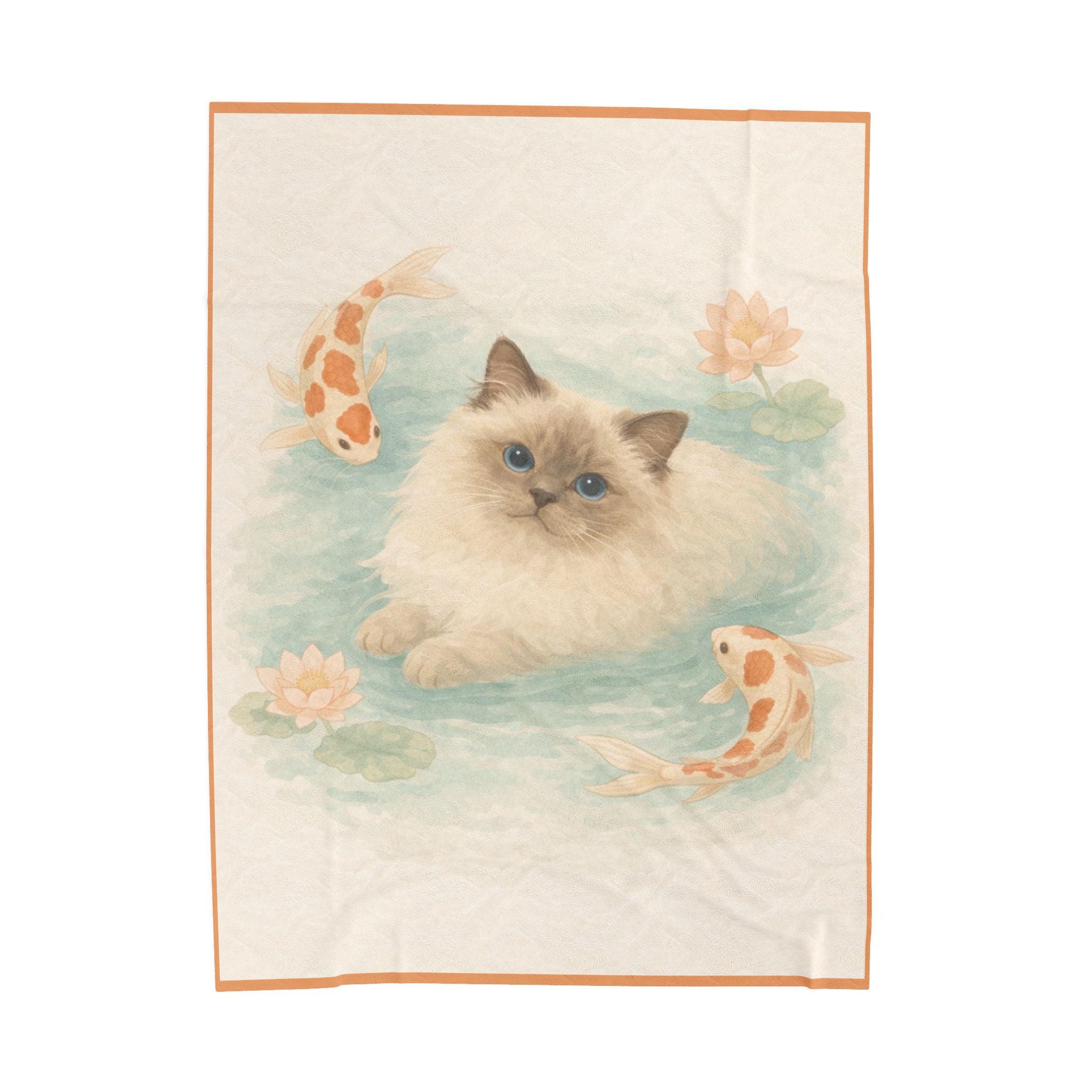 Ragdoll Cat with Koi Pond Velveteen Plush Blanket