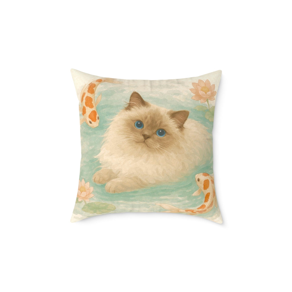 Fluffy Ragdoll Cat Koi Pond Pillow | Square Poly Canvas Pillow
