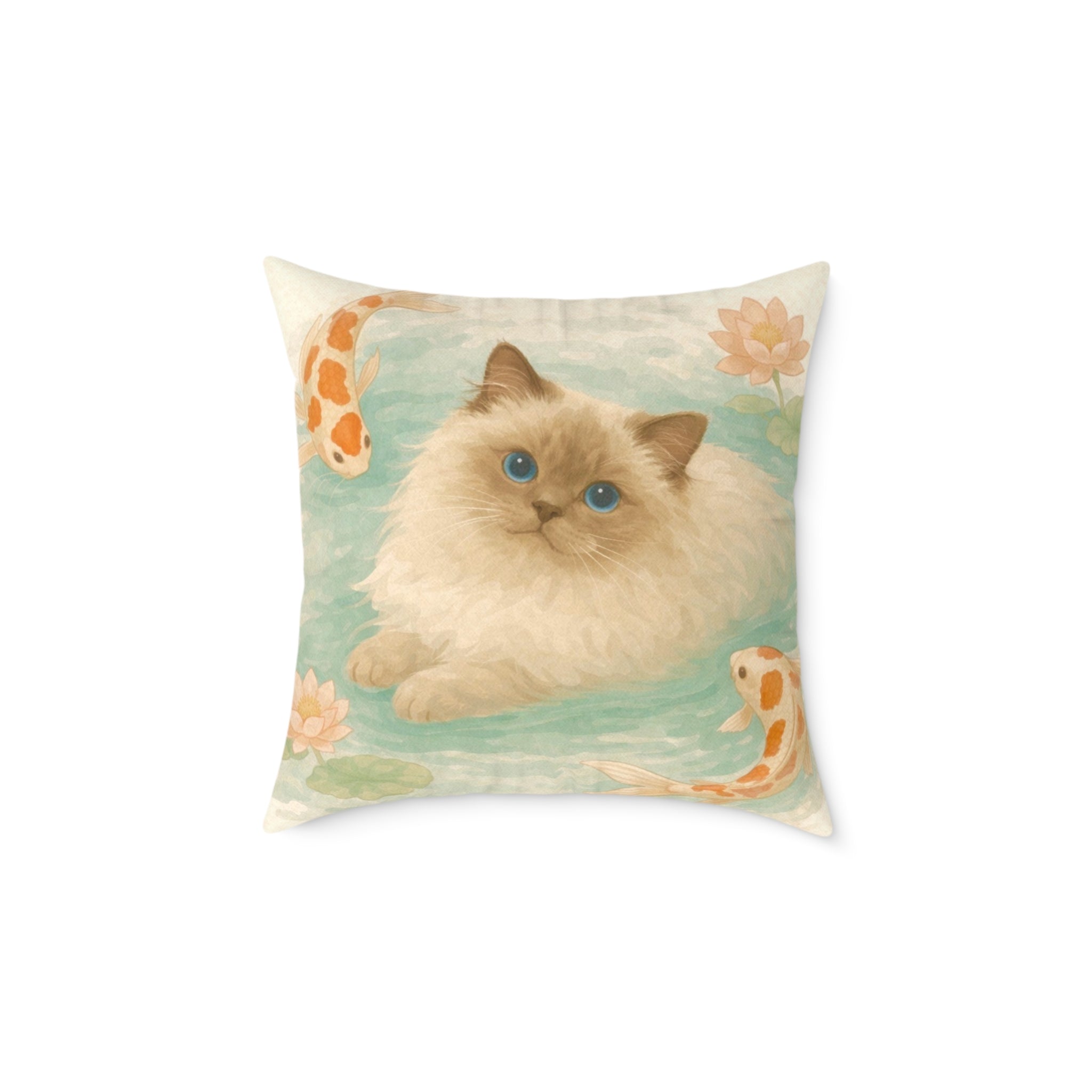 Fluffy Ragdoll Cat Koi Pond Pillow | Square Poly Canvas Pillow