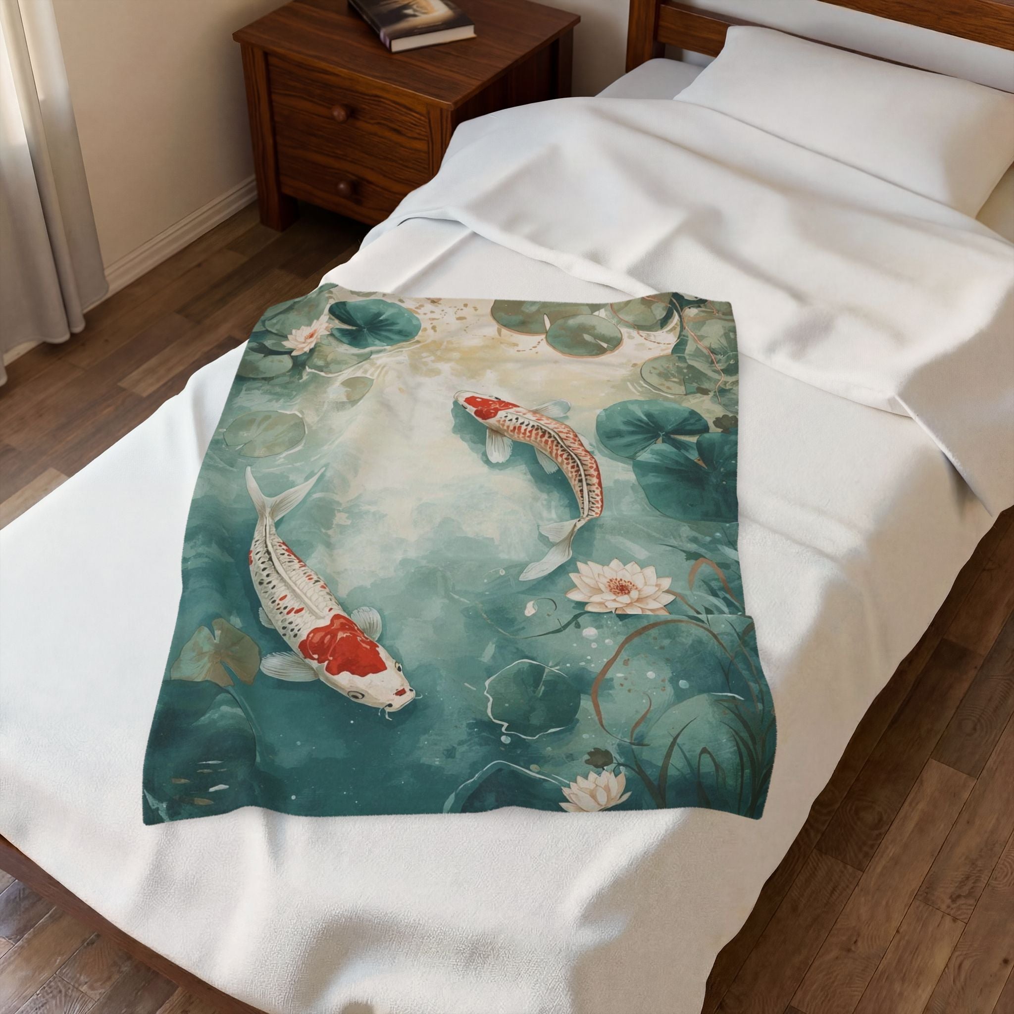 Koi Pond Velveteen Plush Blanket — Tranquil Waterlily Design