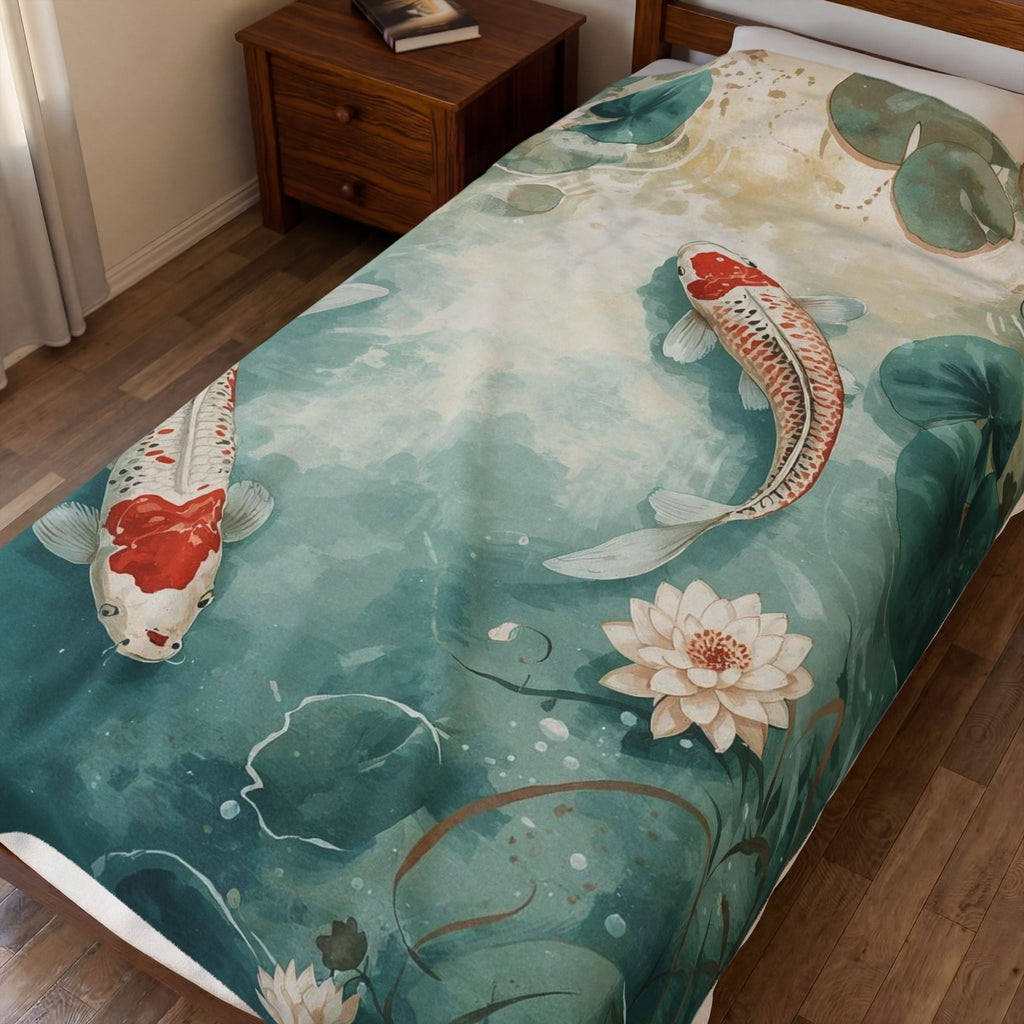 Koi Pond Velveteen Plush Blanket — Tranquil Waterlily Design