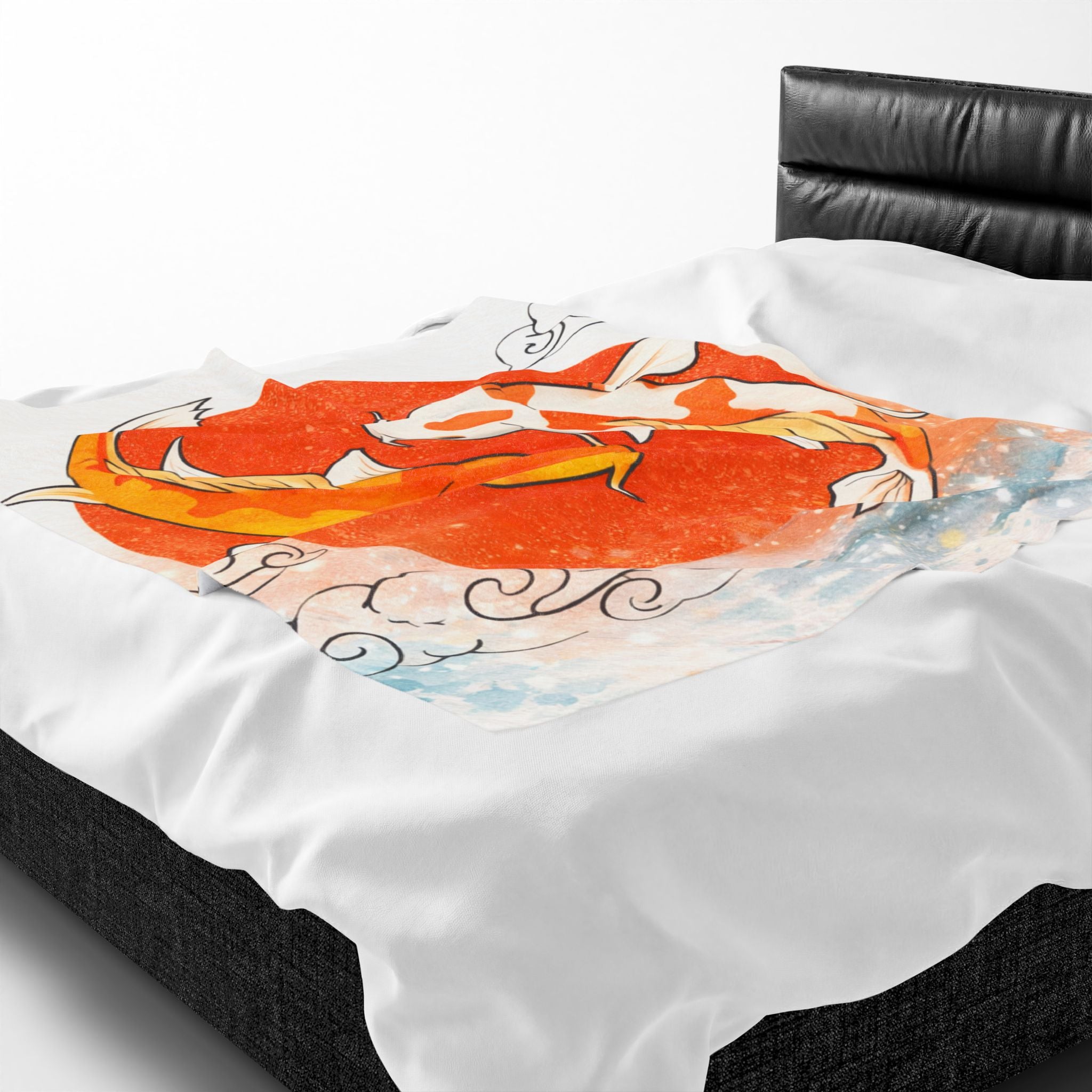 Koi Fish Yin Yang Velveteen Plush Blanket | Orange Red Circle, Japanese Wave Art