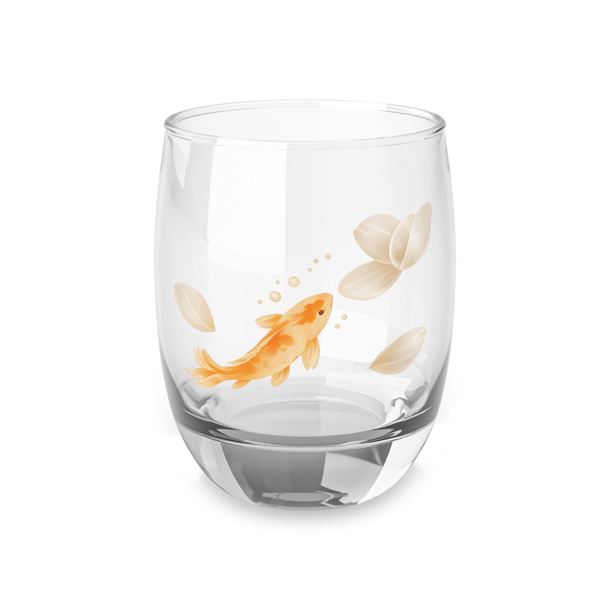 Gold Koi Fish Whiskey Glass | Minimal Watercolor Fish, Leaf Accent