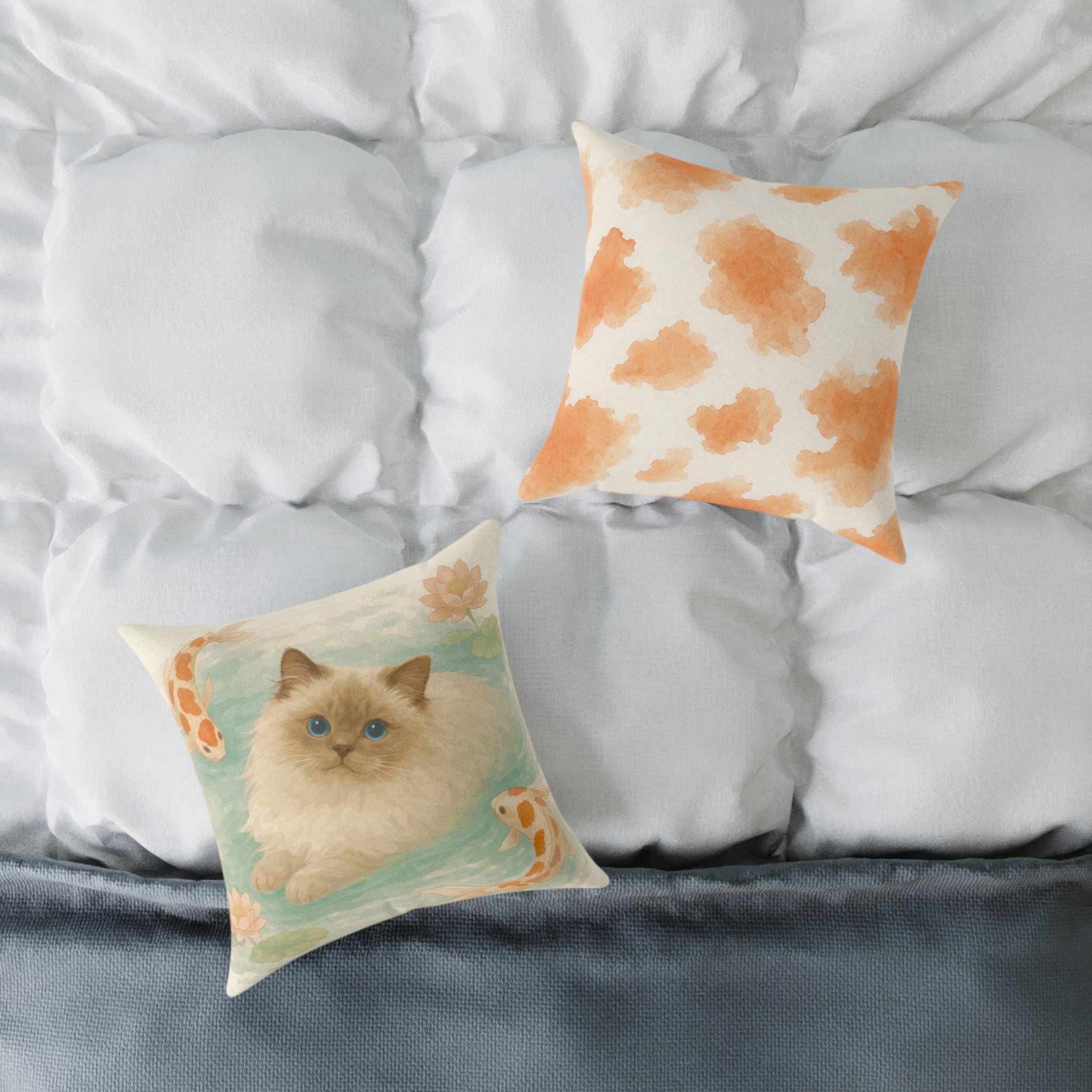 Fluffy Ragdoll Cat Koi Pond Pillow | Square Poly Canvas Pillow